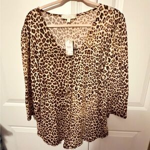 Leopard Print V-Neck Women's Top - Brown/Cream